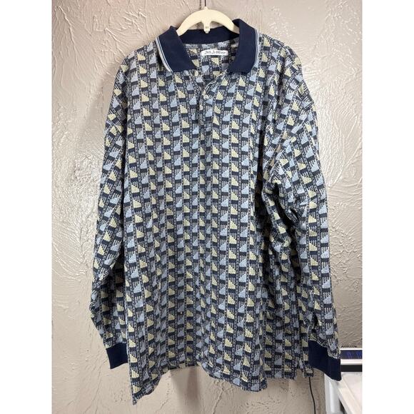 Jos. J. Oliver Long Sleeve Polo Collared Geometric Blue Shirt Men's Size XL - Picture 1 of 4
